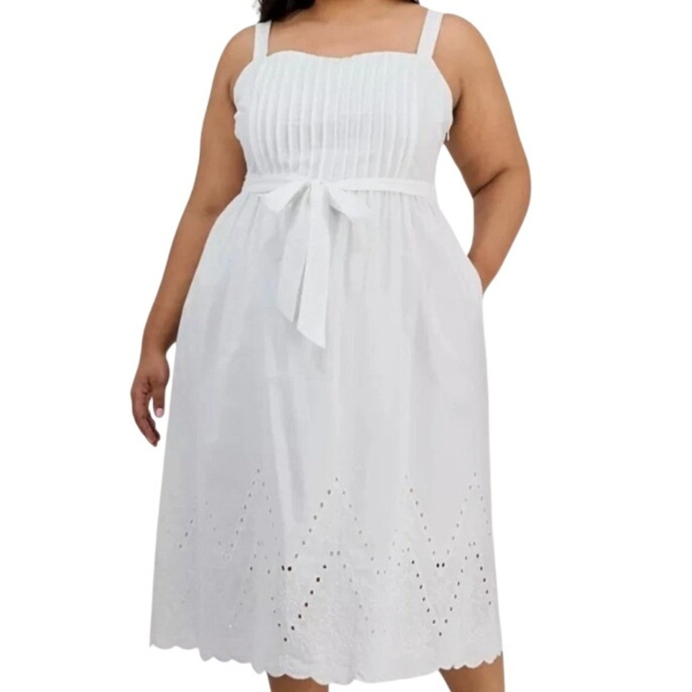 Julia Jordan Eyelet Midi Dress Sz 18W Ivory Pleated Smocked Back Cottagecore